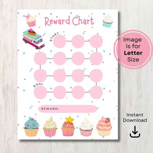 Beloningstabel meisjes, grafiek zindelijkheidstraining, beloningsgrafiek cupcake, afdrukbare beloningsgrafiek, digitale download, stickerkaart schattige cake voor meisjes