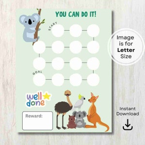 Afdrukbare beloningsgrafiek, beloningsgrafiek, instant digitale download, peuter, zindelijkheidstraining, grafiek voor sticker, Australische dieren, koala