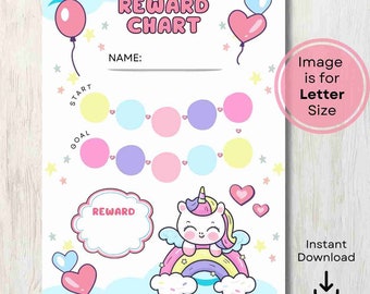 ユニコーンのご褒美チャート、子供向けのご褒美チャート、印刷可能なご褒美チャート、ユニコーンの行動チャート、デジタルダウンロード、トイレトレーニングチャート、女の子向け