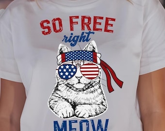 Kitty Bandana USA T-Shirt, So Free Right Meow Shirt, America Cat Tee, Red White and Blue Kitten Top, 4th of July Apparel, Summer Party Shirt