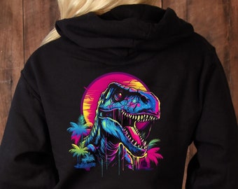 Dinosaur Adult Black Hoodie, Unisex Size Pink T-Rex Graphic, Neon Dino & Palm Tree Pullover, Men / Women's Birthday Gift, Teen Grad Present