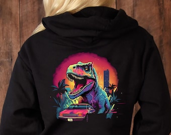 T-Rex & Car Adult Black Hoodie, Unisex Size Pink Dinosaur Graphic, Neon Palm Trees and City Pullover, Men's / Women's Fun Birthday Gift