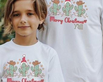 Merry Christmas Y'all T-Shirt, Parent / Child Cactus Christmas Shirt, Cowboy Santa Xmas Top, Cute Holiday Tee, Family Matching Desert Outfit