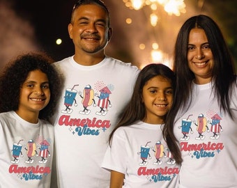 America Vibes Family 4th of July T-Shirt, Adult / Youth Matching Group Independence Day Outfit, Red White & Blue Costume, Retro Graphic Tee