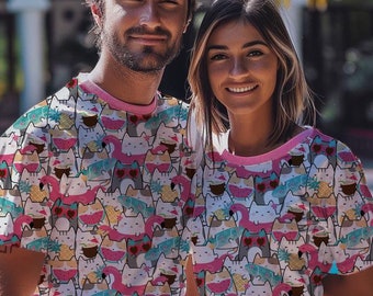 Men & Women's Summer Cat T-Shirts, His and Hers Matching Outfit, Kawaii Kitten Print Tees, Adult Kitty Pool Party Tops, Fun Boating Clothing