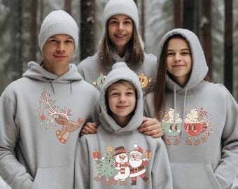Youth & Adult Christmas Sweatshirt, Matching Xmas Family Grey Hoodies, Retro Graphic Shirt, Vintage Holiday Couple Tops, Teen Clothing Gift