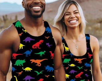 Men & Women's Dino Tanktops, Couple Matching Outfit, Dinosaur Print Shirts, Adult T-Rex Tank, Fun Party Clothing, Summer Boating Apparel