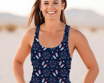 4th of July Tank Top, Fireworks Racerback, USA Clothing, Women's Independence Day Apparel, Red White Blue Summer Party Wear, America Shirts