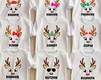 Santa's Reindeer Family Matching T-Shirts, White Christmas Shirts, Group Holiday Tees, Funny Pajama Tops, Parent Child Tees, Rudolph Costume