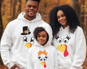 Family Turkey Trot Hoodies, Youth & Adult Thanksgiving Sweatshirts, Holiday Dinner Sweaters, Funny Face Matching Outfit, Fall Couple Costume