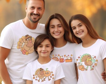 Thanksgiving Family T-Shirts, Matching Holiday Dinner White Shirts, Turkey & Pumpkin Graphic Tees, Adult / Youth Fall Clothing, Holiday Gift