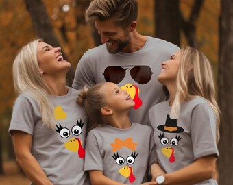 Cute Thanksgiving Grey Matching T-Shirts, Family Turkey Trot / Run TShirts, Adult / Teen / Youth Fall Clothing, Pilgrim Hat Office Party Tee