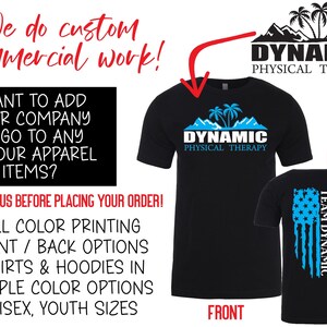 May include: Black t-shirt with a blue and white graphic of palm trees and mountains with the text "Dynamic Physical Therapy". The back of the shirt has a blue and white graphic of an American flag with the text "Team Dynamic".