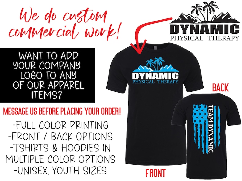 May include: Black t-shirt with a blue and white graphic of palm trees and mountains with the text "Dynamic Physical Therapy". The back of the shirt has a blue and white graphic of an American flag with the text "Team Dynamic".