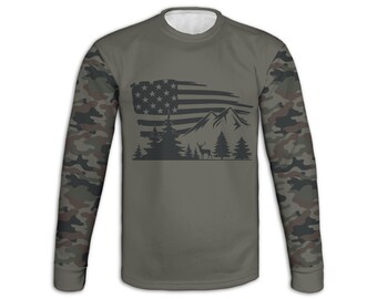 Mens Camo Sweatshirt, Buck Hoodie, Deer Pullover, US Flag TShirt, Mountains Long Sleeve Tee, Wildlife Sweater, Hunting Apparel, Gift for Him