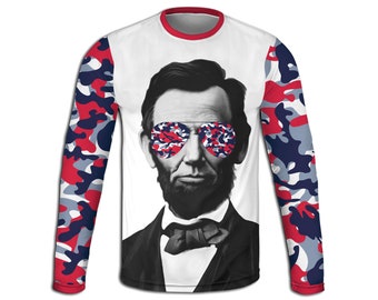 Men's Abraham Lincoln Sweatshirt, USA Camo TShirt, America Long Sleeve Tee, 4th of July Hoodie, President Apparel, Red White & Blue Pullover