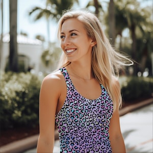 Women&#39;s 90&#39;s Leopard Print Tank Top, 80&#39;s Cheetah Racerback Tanks, Colorful Pink / Blue / Purple Shirt, Animal Design Tank, Gift For Sister
