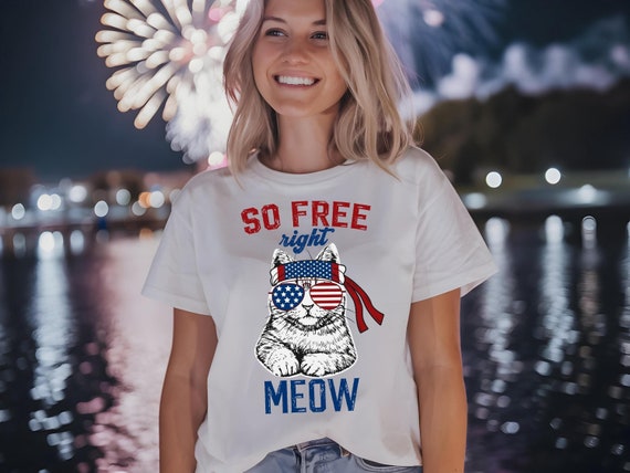 Kitty Bandana USA T-Shirt, So Free Right Meow Shirt, America Cat Tee, Red White and Blue Kitten Top, 4th of July Apparel, Summer Party Shirt