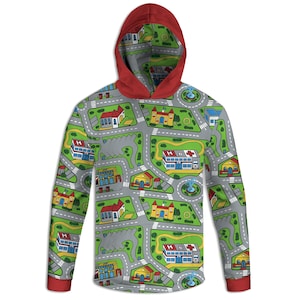 May include: A hooded sweatshirt with a playful city map design. The gray fabric is covered with roads, buildings, and green spaces. The hood is red, as are the cuffs. The design includes hospitals, churches, and houses.