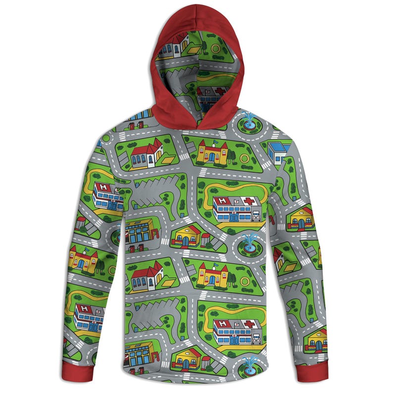 May include: A hooded sweatshirt with a playful city map design. The gray fabric is covered with roads, buildings, and green spaces. The hood is red, as are the cuffs. The design includes hospitals, churches, and houses.