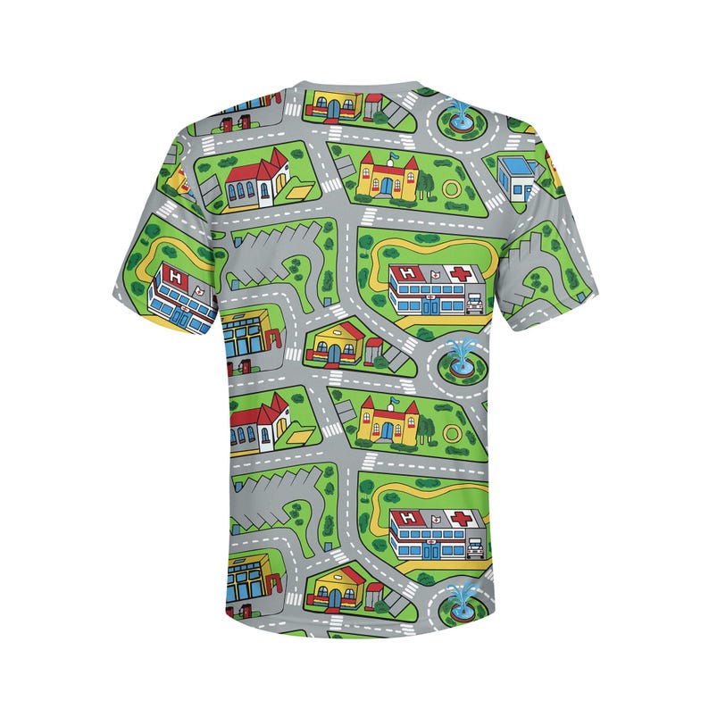May include: A short-sleeved t-shirt with a playful city map design. The shirt features roads, buildings, green spaces, and fountains in a colorful pattern. The design includes hospitals, houses, and parking lots.