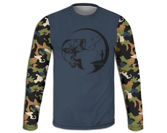 Mens Bass Fisherman Sweatshirt, Fish Hoodie, Fly Fishing T-Shirt, Camo Long Sleeve Tee, Wildlife Pullover, Outdoor Life Apparel, Adult Shirt