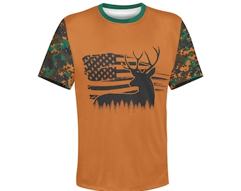 Men's Deer Flag T-Shirt, Buck Long Sleeve Tee, Hunting Hoodie, Camo Hunter Sweatshirt, Wildlife Pullover, USA Apparel, Outdoor Clothing Gift