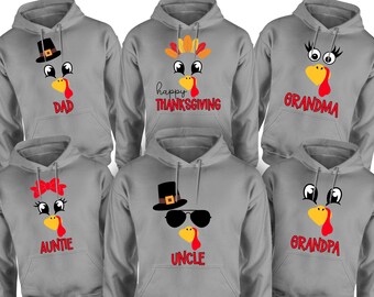 Family Turkey Trot Grey Hoodies, Thanksgiving Dinner Matching Faces Sweatshirts, Holiday Run Group Shirts, Aunt Uncle Grandma Grandpa Tops