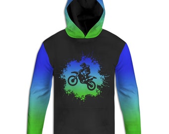 Men's Dirt Bike Hoodie, Blue & Green Ombre Sweatshirt, Motocross Jump T-Shirt, Riding Long Sleeve Tee, Off-Roading Hoodie, ATV Pullover Gift