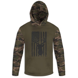 Men&#39;s Buck & American Flag Hoodie, Deer T-Shirt, USA Long Sleeve Tee, Hunting Sweatshirt, Wildlife Hunter Apparel, Whitetail Camo Pullover