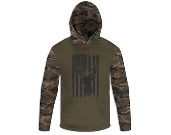 Men's Buck & American Flag Hoodie, Deer T-Shirt, USA Long Sleeve Tee, Hunting Sweatshirt, Wildlife Hunter Apparel, Whitetail Camo Pullover