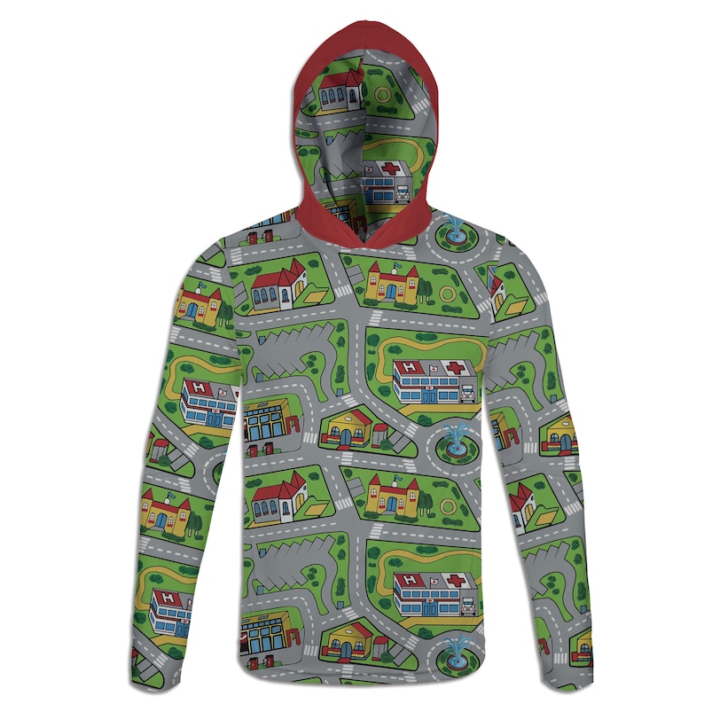 May include: A hooded sweatshirt with a playful city map design. The gray fabric features roads, buildings, and green spaces. The hood is lined with red fabric. A fun and colorful garment for casual wear.