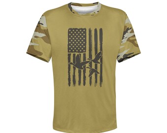 Men's Camouflage & American Flag T-Shirt, Duck Hunting Hoodie, USA Hunter Long Sleeve Tee, Outdoor Print Sweatshirt, Birthday Gift Pullover