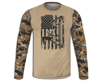 Bow Hunting Sweatshirt, Deer Hunter Hoodie, Camouflage Sweater, Buck & Flag T-Shirt, Camo Pullover, USA Long Sleeve Tee, Men's Wildlife Gift