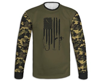 Men's Fishing Pole Flag Sweatshirt, Fisherman Hoodie, Fly Fishing Hook Pullover, Deep Sea Boating T-Shirt, Camo Sweater, Camouflage Clothing