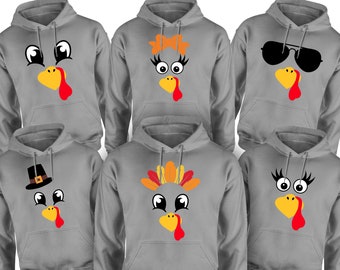 Funny Turkey Face Matching Grey Hoodies, Family Thanksgiving Sweatshirts, Group Run Outfit, Cute Teen Youth Graphic Clothing, Couple Costume