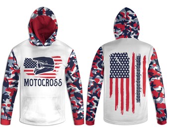 Men's Motocross Hoodie, American Flag Long Sleeve Tee, Racing Sweatshirt, Red White & Blue Camo TShirt, USA Camouflage Sweater, Gift for Dad