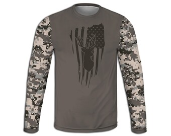 Men's Deer Hunting Hoodie, Camouflage Buck Hunter Sweatshirt, Buck Flag TShirt, Camo Long Sleeve Tee, USA Wildlife Pullover, Outdoor Apparel