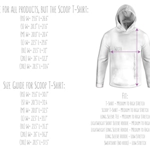 May include: Size chart for various clothing items, including t-shirts, scoop neck t-shirts, long sleeve tees, and hoodies. The chart shows the width and length measurements in inches for each size, from XS to 3XL. The chart also includes information about the stretch of each garment.