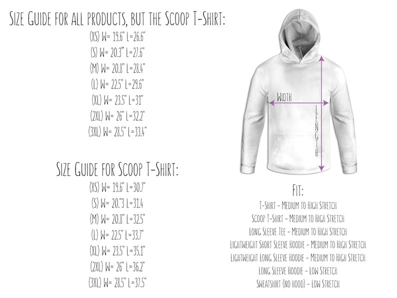 May include: Size chart for various clothing items, including t-shirts, scoop neck t-shirts, long sleeve tees, and hoodies. The chart shows the width and length measurements in inches for each size, from XS to 3XL. The chart also includes information about the stretch of each garment.