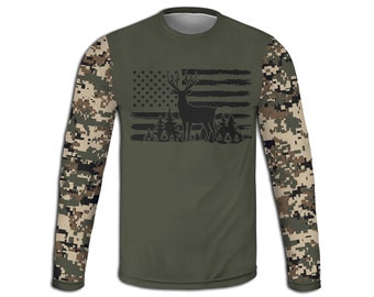 Buck Flag Sweatshirt, Deer Hoodie, Hunting T-Shirt, Hunter Long Sleeve Tee, USA Flag Pullover, American Clothing, Camo Outfit, Wildlife Gift