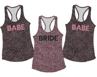 Black & Pink Bachelorette Party Cheetah Tank Tops, Leopard Print Bride / Squad / Tribe / Babe Gift Shirts, Women's Bridal Weekend Racerbacks