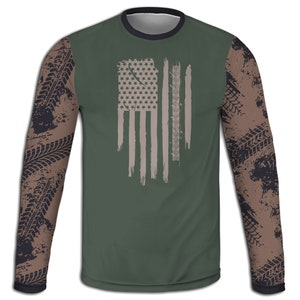 Men&#39;s American Flag & Tire Tracks Hoodie, Off-Roading T-Shirt, USA Long Sleeve Tee, ATV Sweatshirt, Four Wheeler Pullover, Dirt Bike Apparel