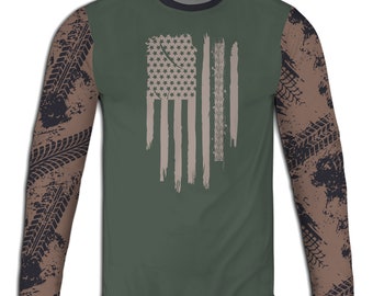Men's American Flag & Tire Tracks Hoodie, Off-Roading T-Shirt, USA Long Sleeve Tee, ATV Sweatshirt, Four Wheeler Pullover, Dirt Bike Apparel