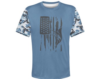 Men's Marlin Fisherman T-Shirt, Blue Camo Long Sleeve Tee, Fisherman Pullover, Deep Sea Fishing Hoodie, Swordfish Sweatshirt, Boating Shirt