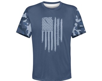 Men's American Flag & Tire Tracks T-Shirt, Blue Camouflage Hoodie, Off-Roading Sweater, USA Camo Long Sleeve Tee, ATV Sweatshirt, Teen Gift