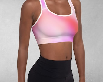 Bright Ombre Yoga Bra in Pink and Orange, Ladies Fitness Crop Top with Gradient Print and Racerback