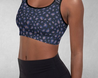 Leopard Print Sports Bra, Yoga Crop Top with Navy Stripe Pattern Racerback