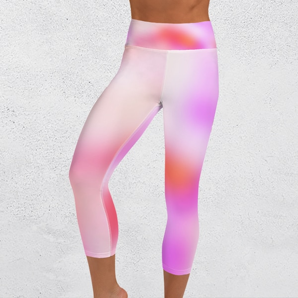 Pink and Orange Ombre Capri Legging, All-Over Print Tights, Colourful Workout Pants, Bold Print Gym Leggings, Original Summer Yoga Wear