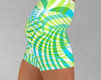 Zebra Print Yoga Shorts, Summer Fitness Shorts in Green, Blue and Lime, High Waisted Pattern Gym Shorts for Women